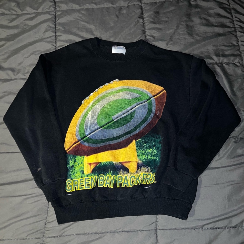 Vintage 90s Green Bay Packers Black Graphic Crew Neck Sweatshirt